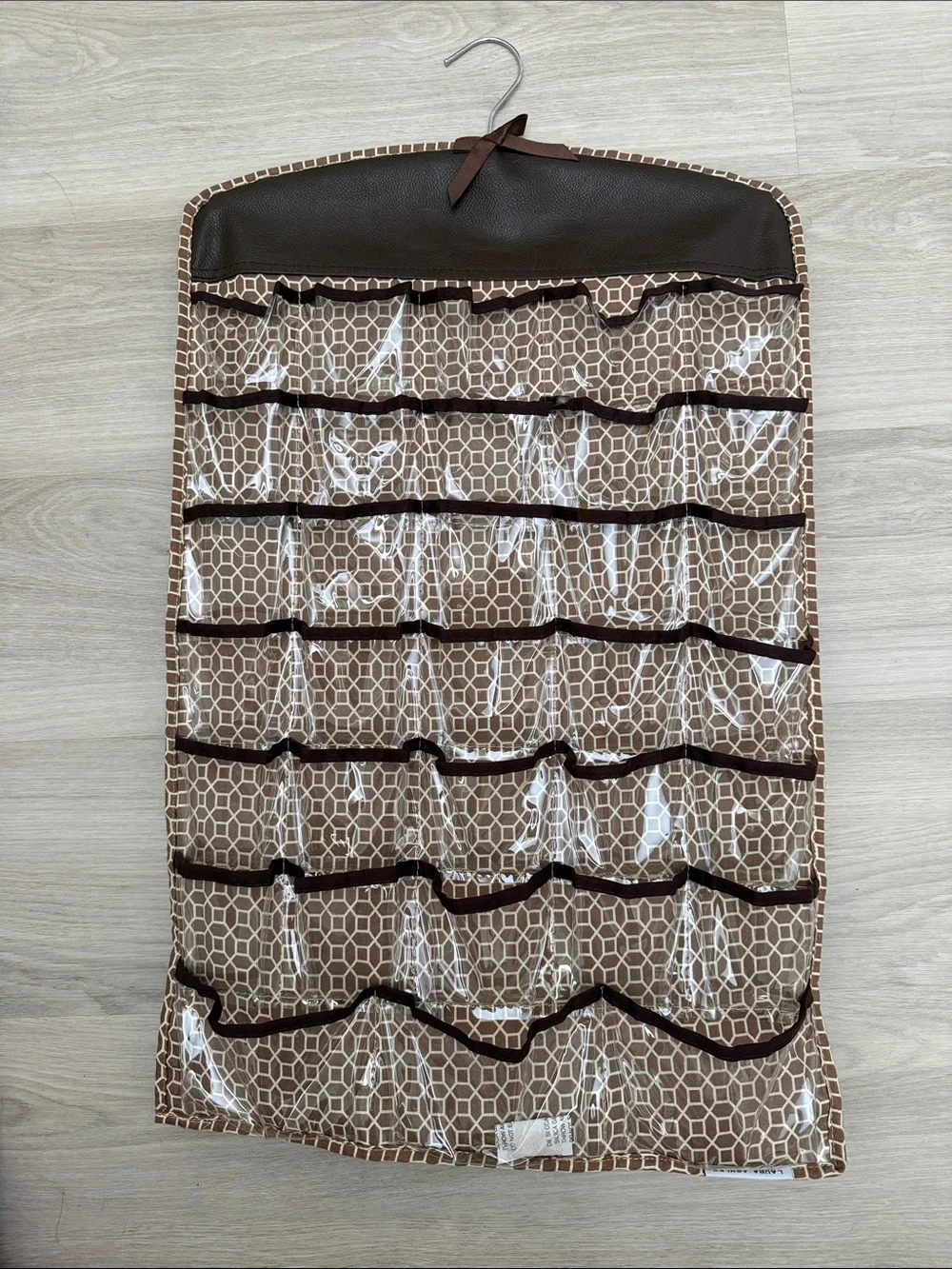 Laura Ashley Brown & Cream Hanging Jewelry Organizer with Clear Pockets
